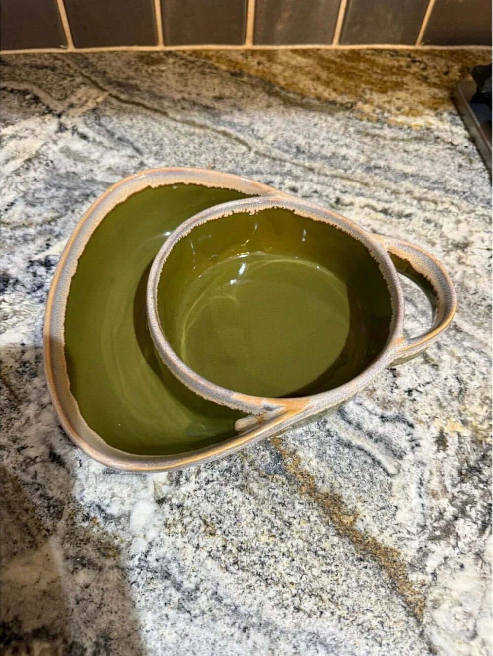 Stoneware Chip and Dip Serving Bowl Set - Olive Green and Blue
